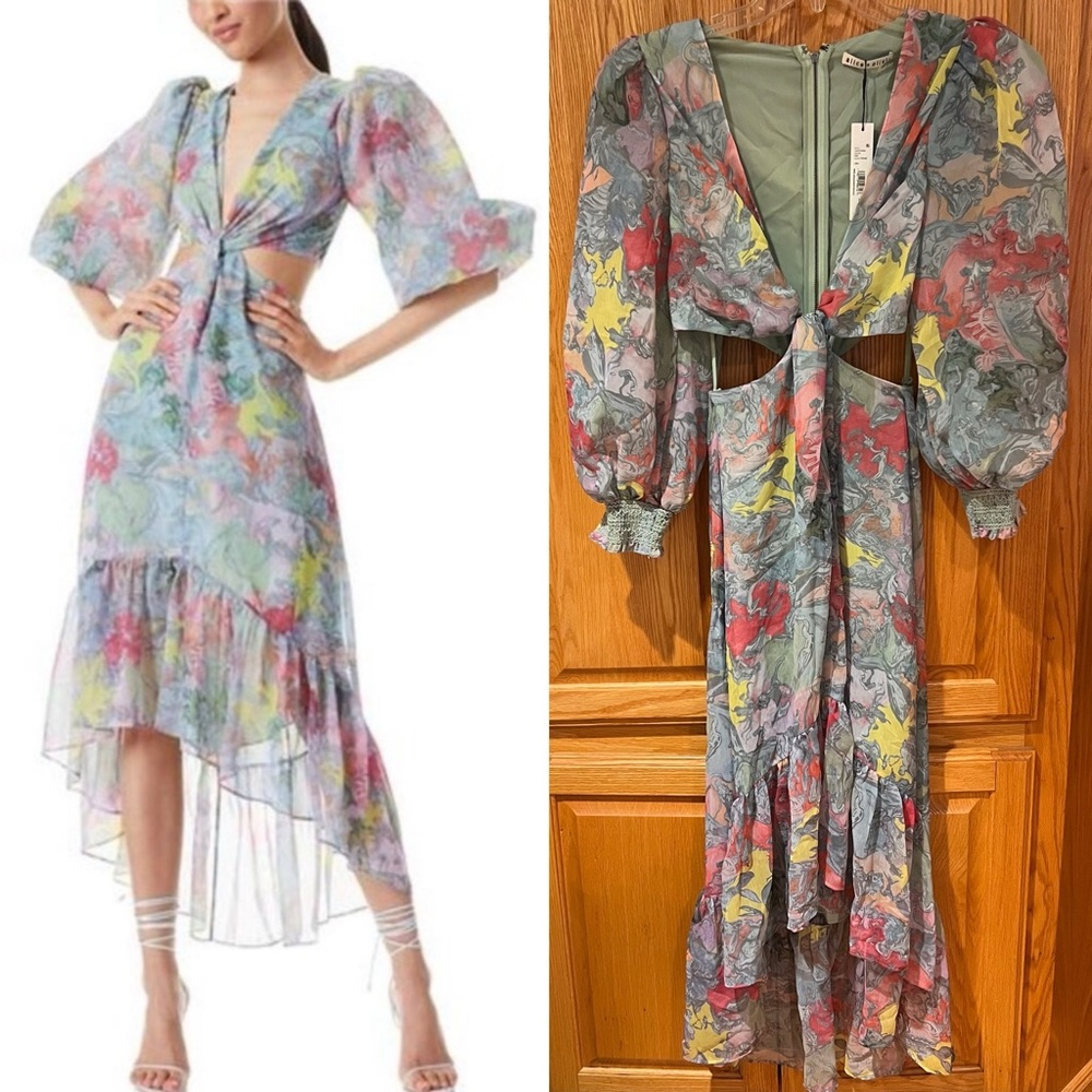 ALICE + OLIVIA X Lola Schnabel Katia Twist-Front Cutout Floral Maxi Dress Size 2